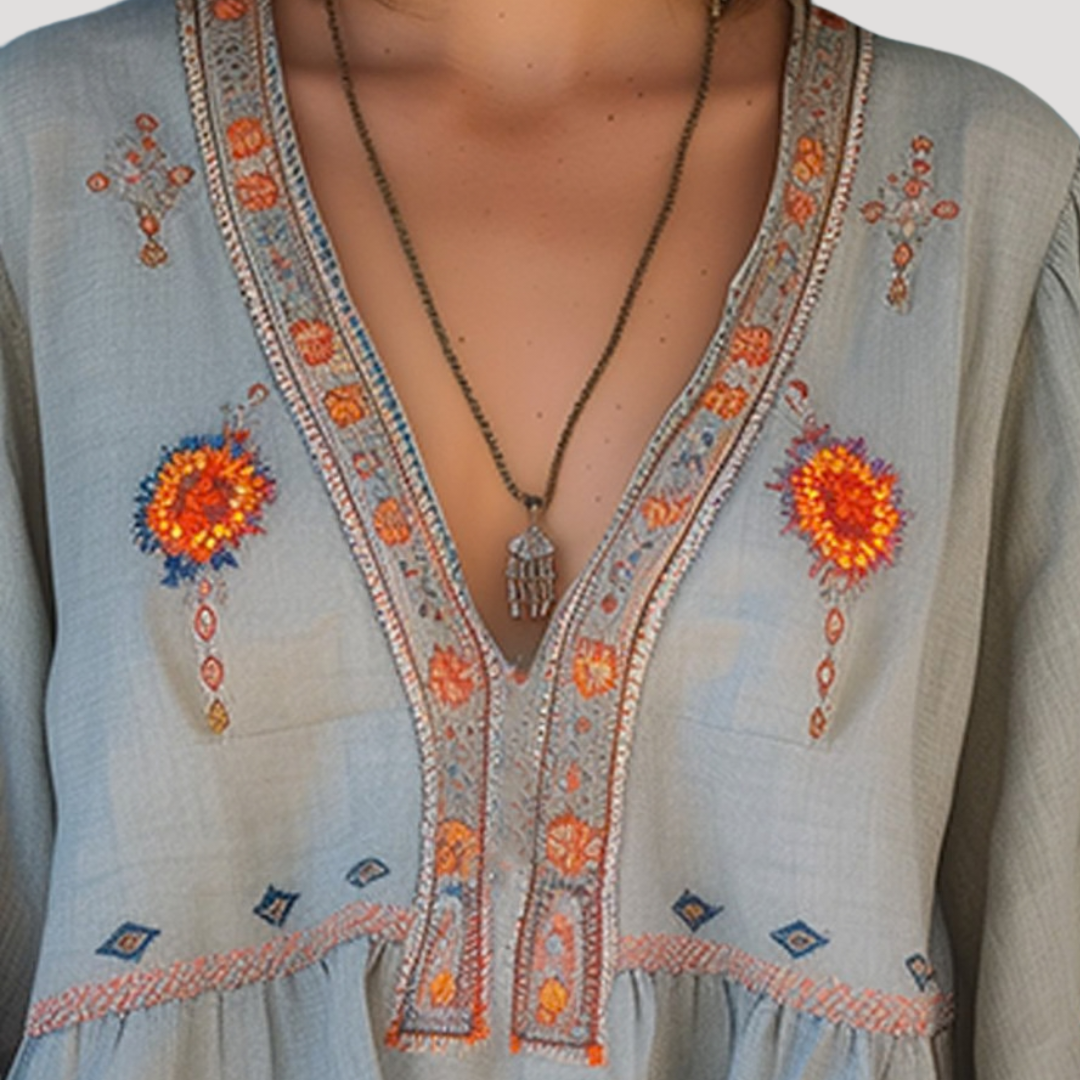 Women's Boho Floral Embroidered V-Neck Blouse