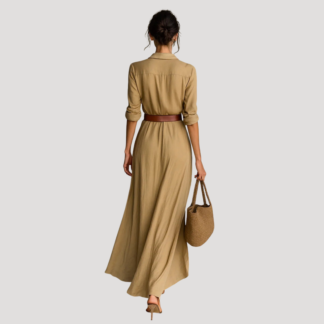 Flattering Long Sleeve Belted Button-Down Maxi Dress