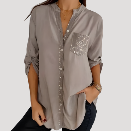 Women’s Sequin Detail Blouse – Casual Chic Button Front