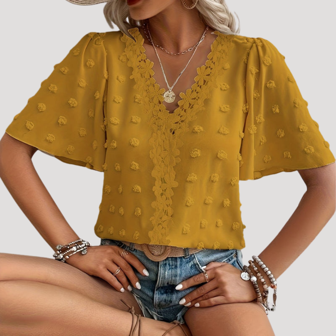 Women’s Elegant Short Sleeve Lace Summer V Neck Blouse