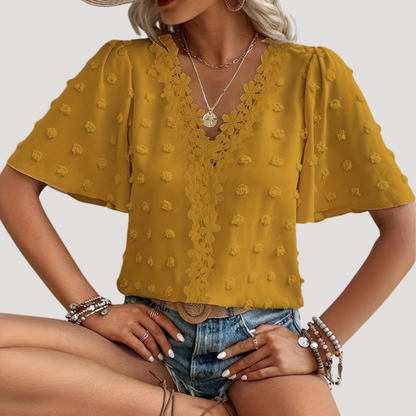 Women’s Elegant Short Sleeve Lace Summer V Neck Blouse