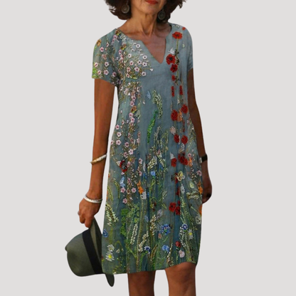 Flattering Printed Shift Dress with V-Neck