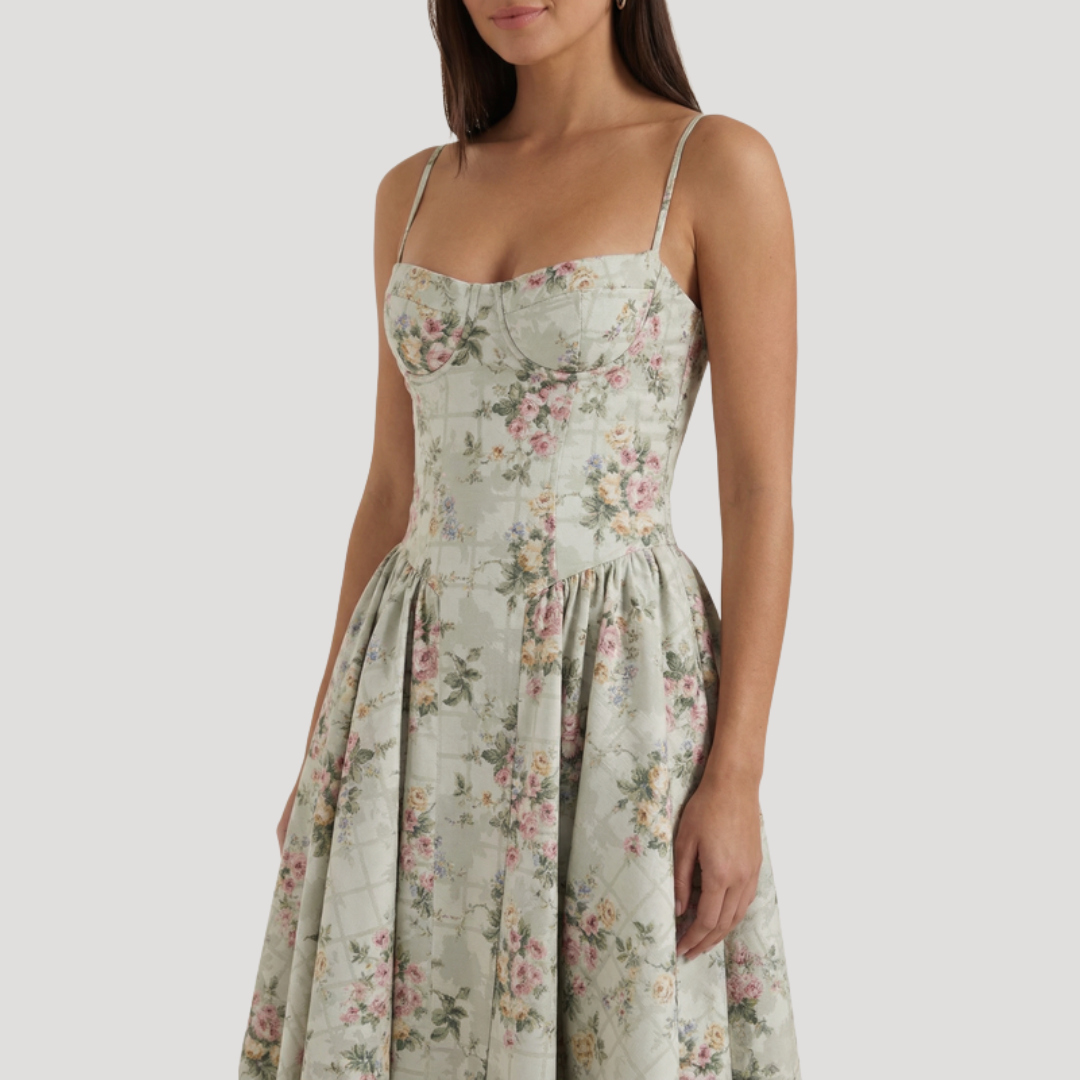 Floral Corset Midi Dress – Fitted Summer Party Dress