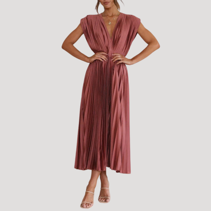 Pleated V-Neck Midi Occasion Dress