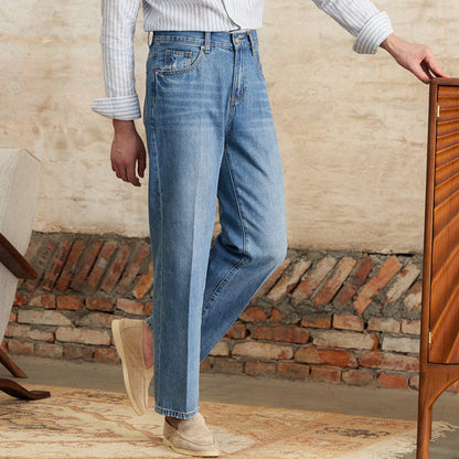 Pleated Straight Leg Cotton Denim Trousers Alassio