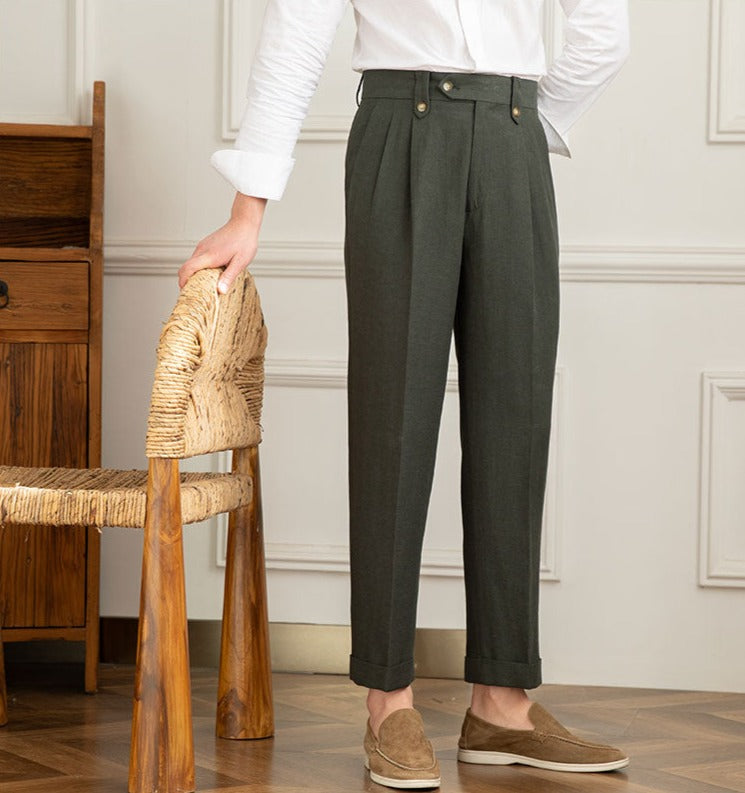 Straight Trousers with Double Pleat in Linen Blend