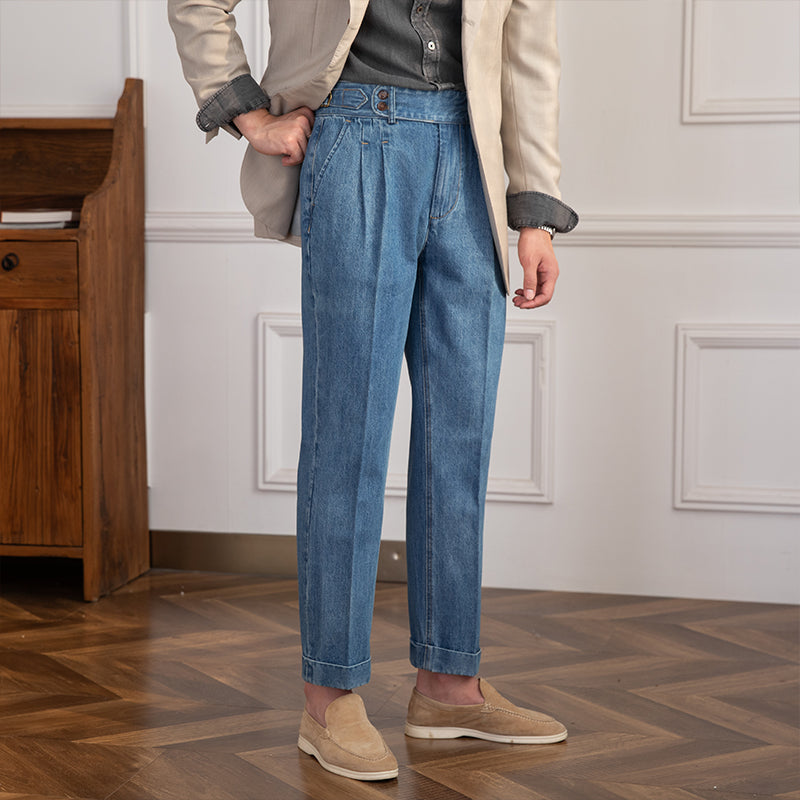 Vintage Pleated Straight Denim Trousers Lorenzo