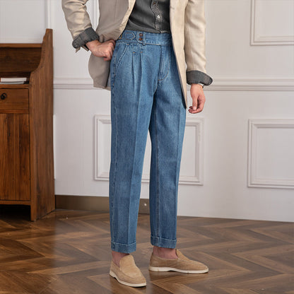 Vintage Pleated Straight Denim Trousers Lorenzo