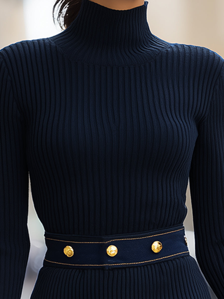 Lily - Navy Striped Knit Dress with Denim Pocket Details and Gold Buttons