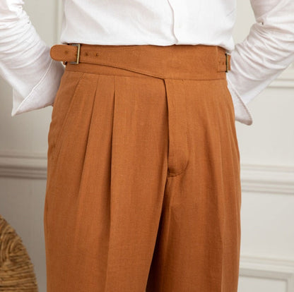 Monza Double Pleat Straight Leg Trousers in Linen Blend