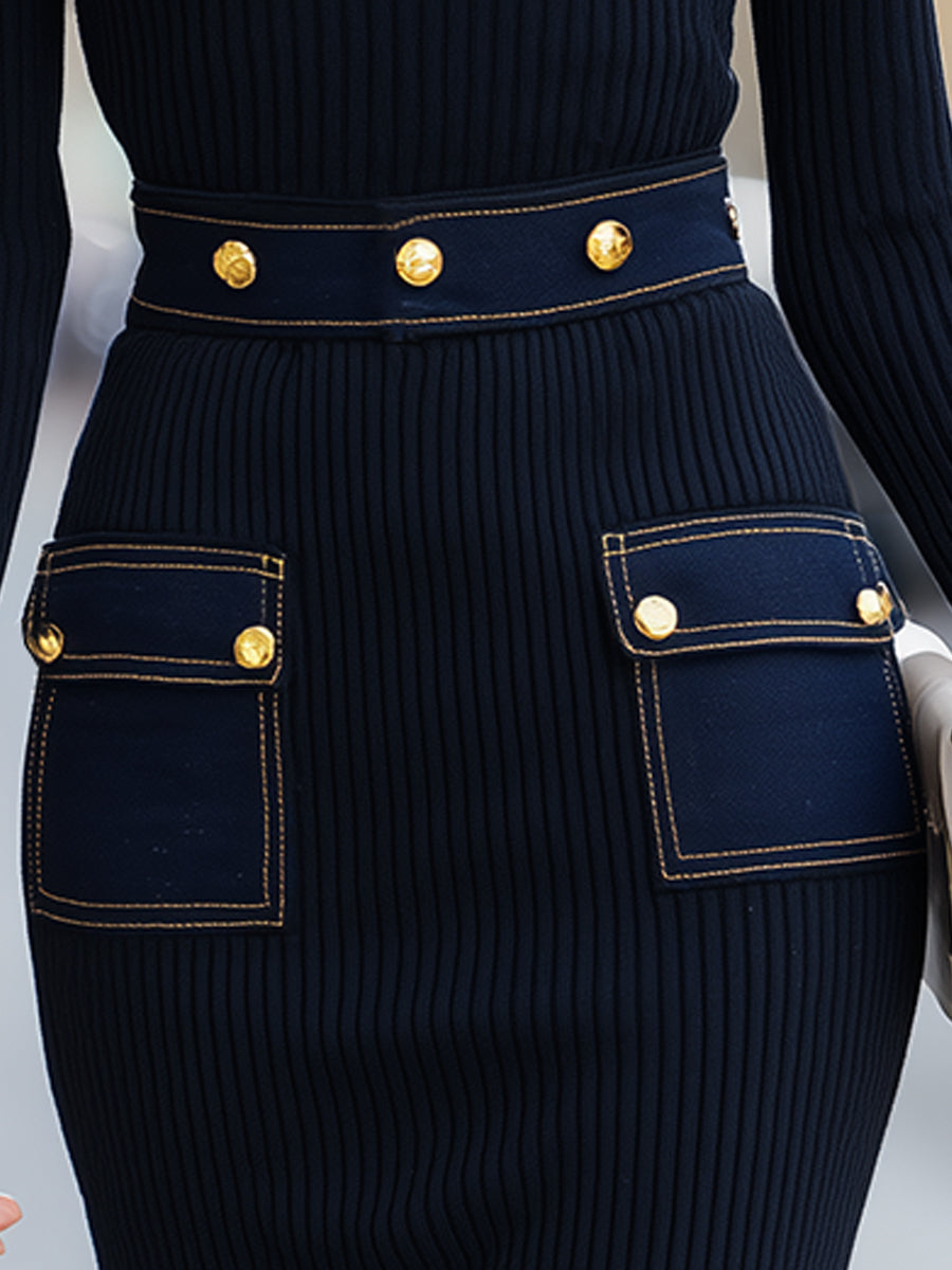 Lily - Navy Striped Knit Dress with Denim Pocket Details and Gold Buttons
