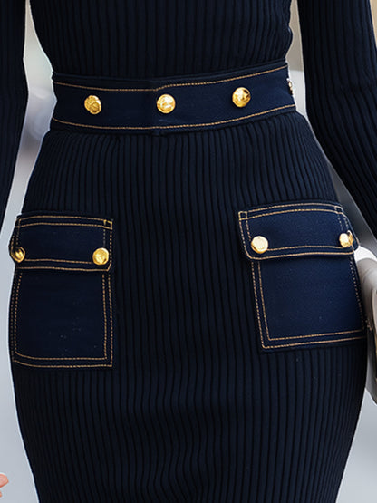 Lily - Navy Striped Knit Dress with Denim Pocket Details and Gold Buttons