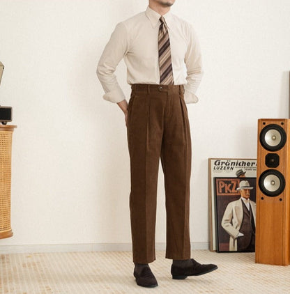 Aspen Cotton Corduroy Straight Pleated Trousers