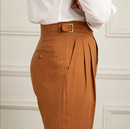Monza Double Pleat Straight Leg Trousers in Linen Blend