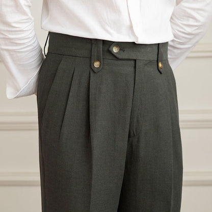 Straight Trousers with Double Pleat in Linen Blend