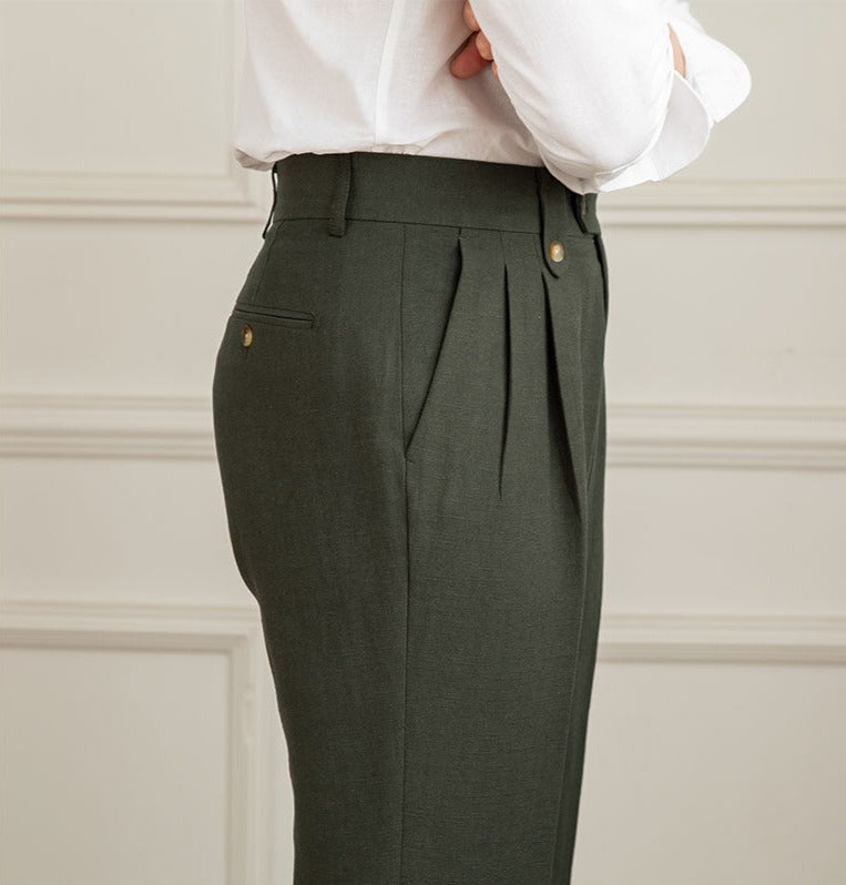 Straight Trousers with Double Pleat in Linen Blend