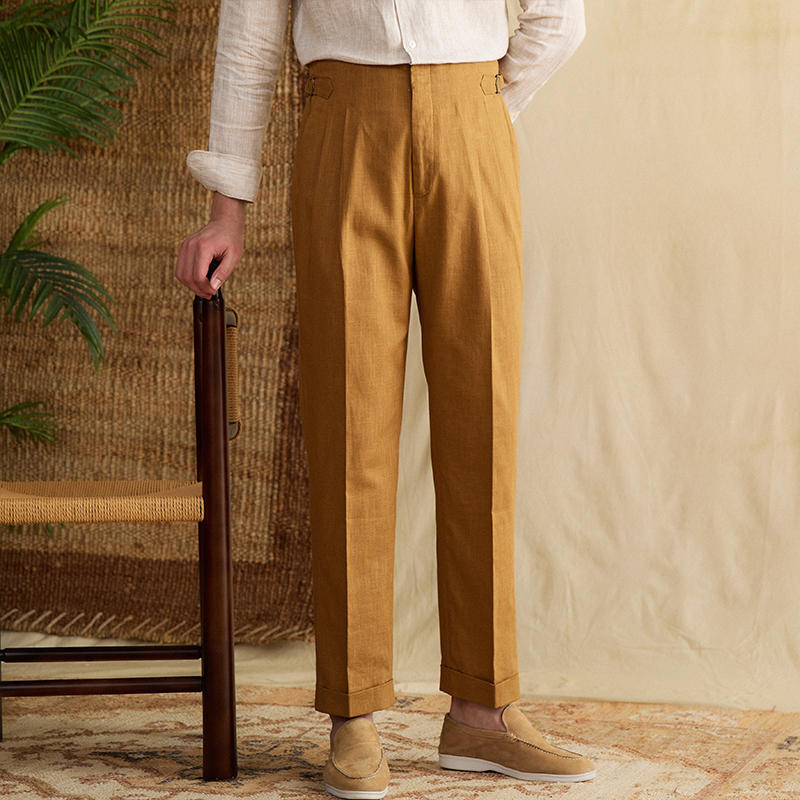 Semplice Trousers in Linen Blend with Double Pleat and Straight Cut