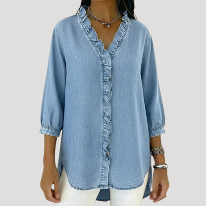 Women's Soft Denim Look Ruffle Front Blouse