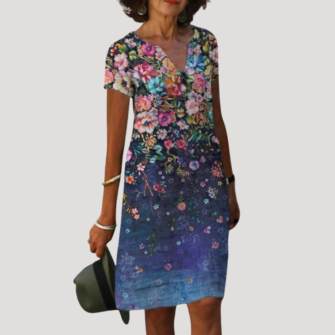 Flattering Printed Shift Dress with V-Neck