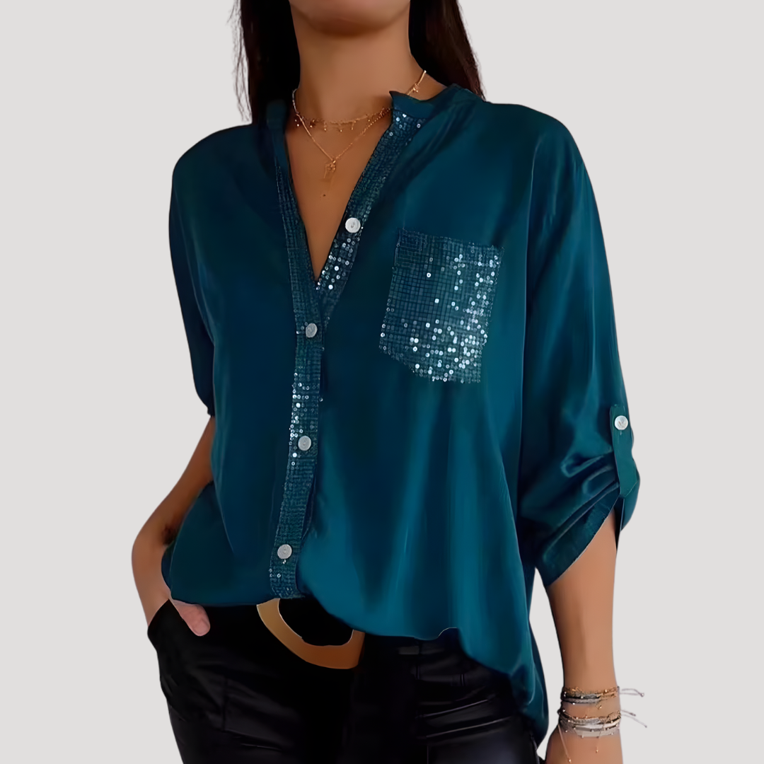 Women’s Sequin Detail Blouse – Casual Chic Button Front