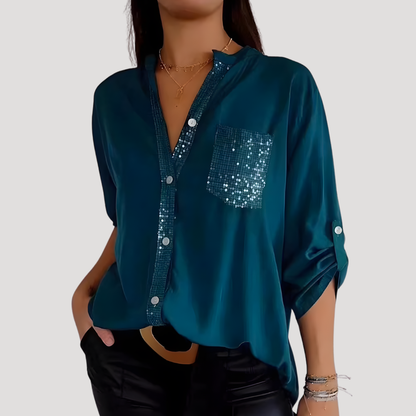Women’s Sequin Detail Blouse – Casual Chic Button Front
