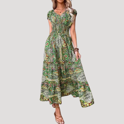 Boho Smocked Waist Maxi Holiday Dress