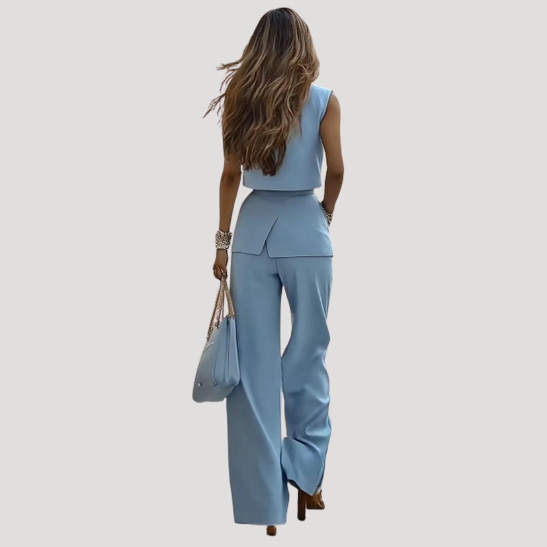Women’s Elegant Blue Sleeveless Blazer and Trouser Set