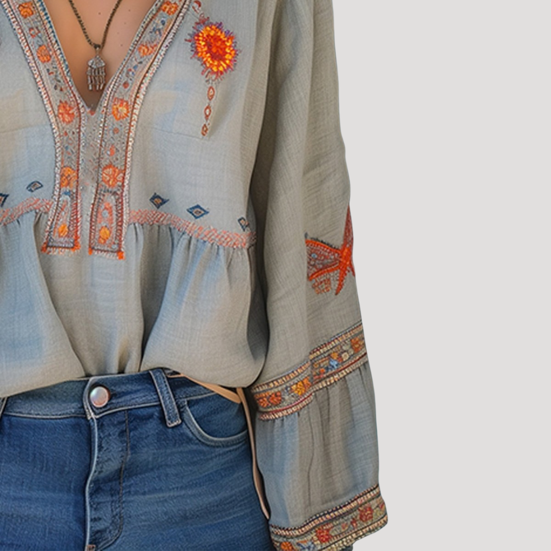 Women's Boho Floral Embroidered V-Neck Blouse