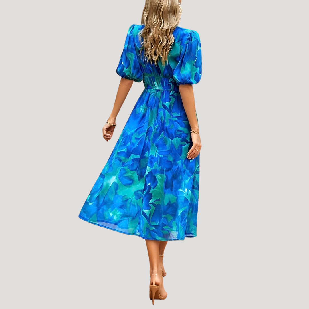 Flowy Printed Puff Sleeve Midi Dress