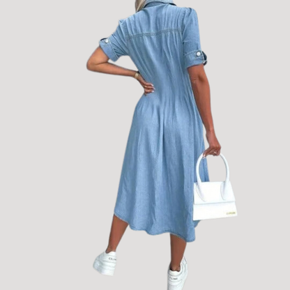 Short Sleeve Denim Midi Shirt Dress – Button Front, Cinched Waist