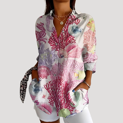 Women’s Summer Floral Print Button Front Blouse