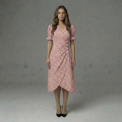 Women’s Floral Wrap Midi Dress with Short Sleeves