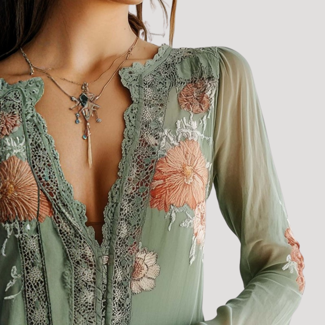 Women’s Elegant Green Long Sleeve Floral Lace Blouse