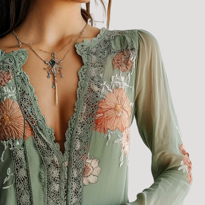 Women’s Elegant Green Long Sleeve Floral Lace Blouse