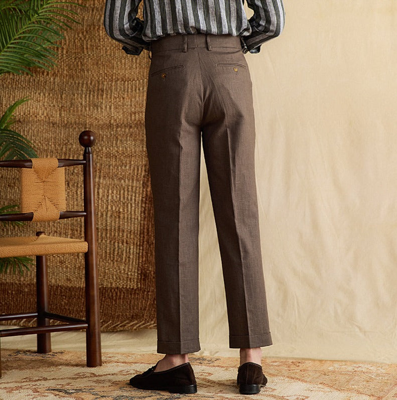 Bergamo Straight Trousers in Cotton and Linen Blend with Double Pleats
