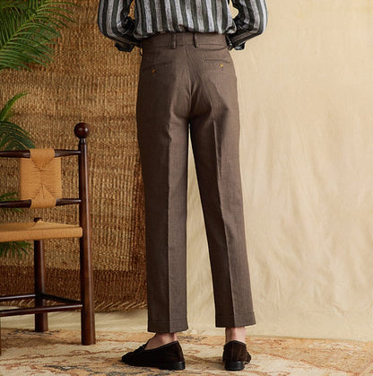 Bergamo Straight Trousers in Cotton and Linen Blend with Double Pleats