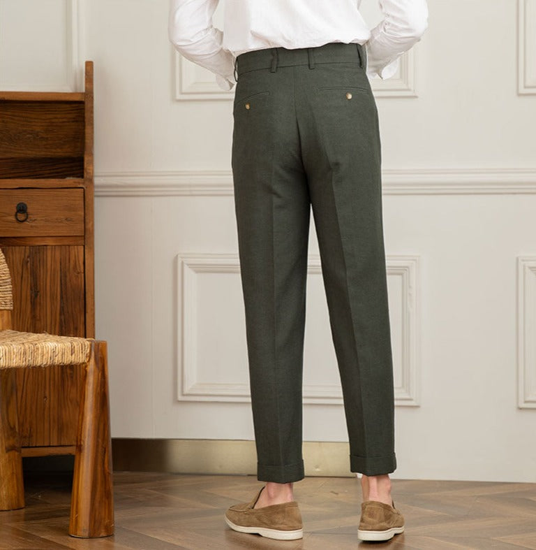 Straight Trousers with Double Pleat in Linen Blend