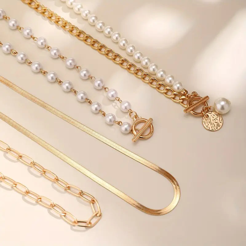 Vintage pearl and gold snake chain necklace set