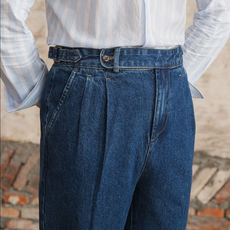 Straight Pleated Cotton Denim Trousers "Barcelona"