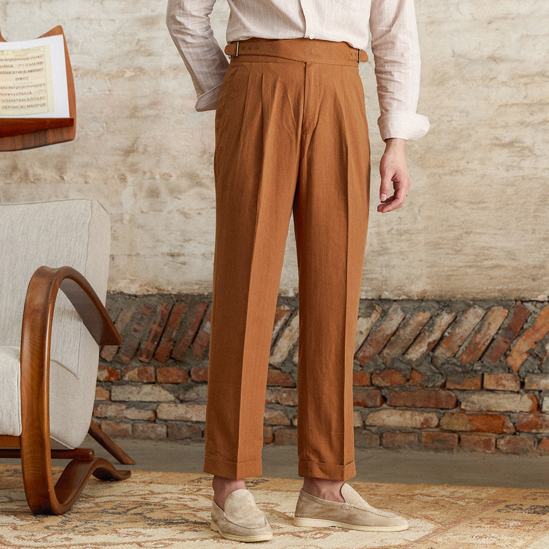 Straight Trousers with Double Pleats in Napolitana Linen Blend