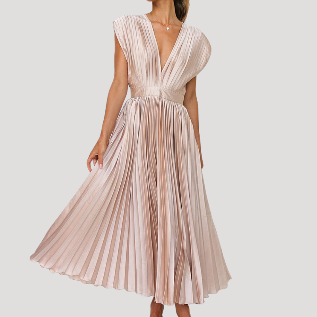 Pleated V-Neck Midi Occasion Dress