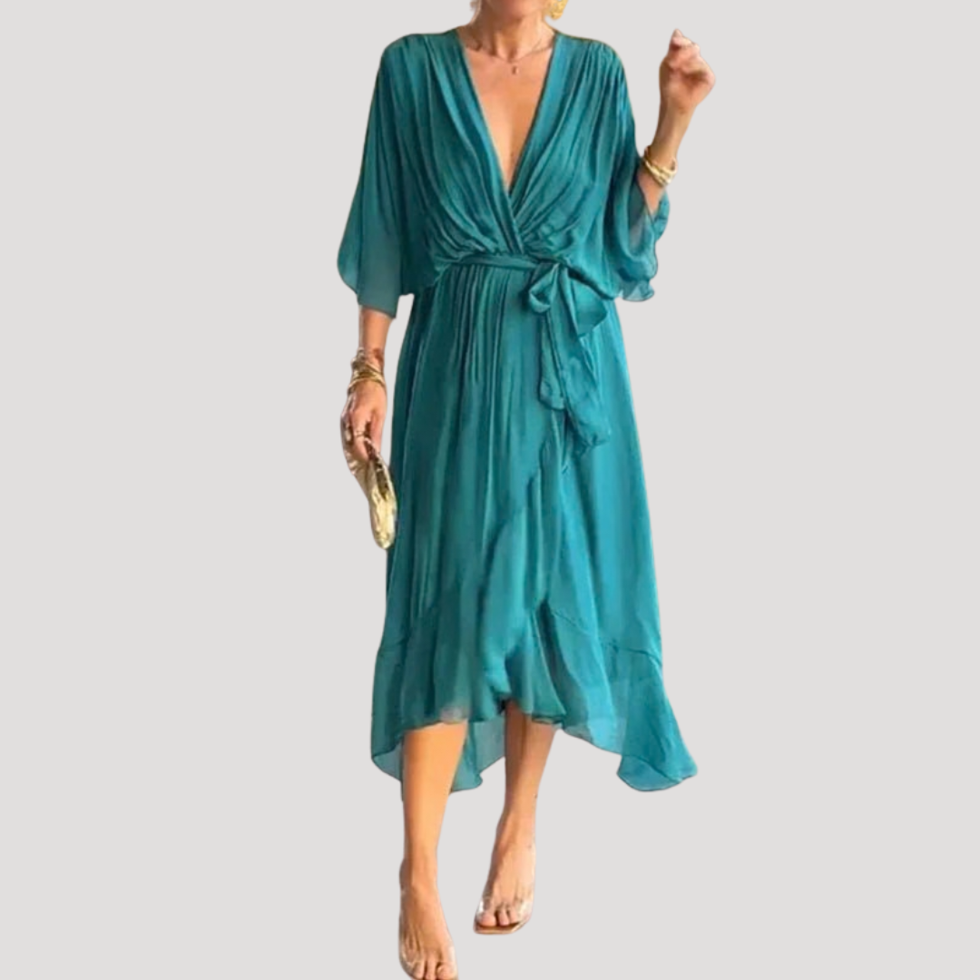 Chiffon Wrap Midi Dress with Tie Waist and Flowy Fit