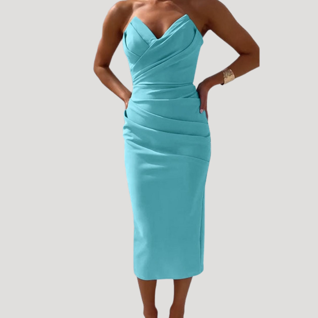 Ruched Strapless Bodycon Midi Dress for Evening Parties