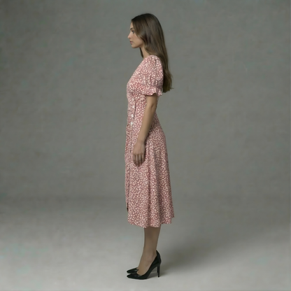 Women’s Floral Wrap Midi Dress with Short Sleeves