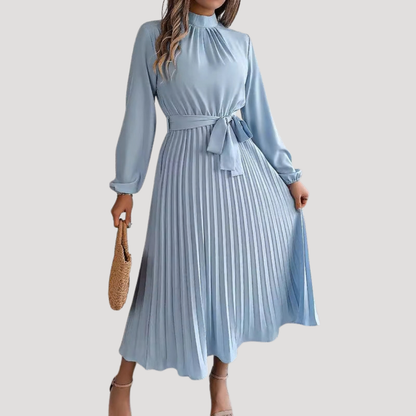 Modest Long Sleeve Pleated Belted Maxi Dress