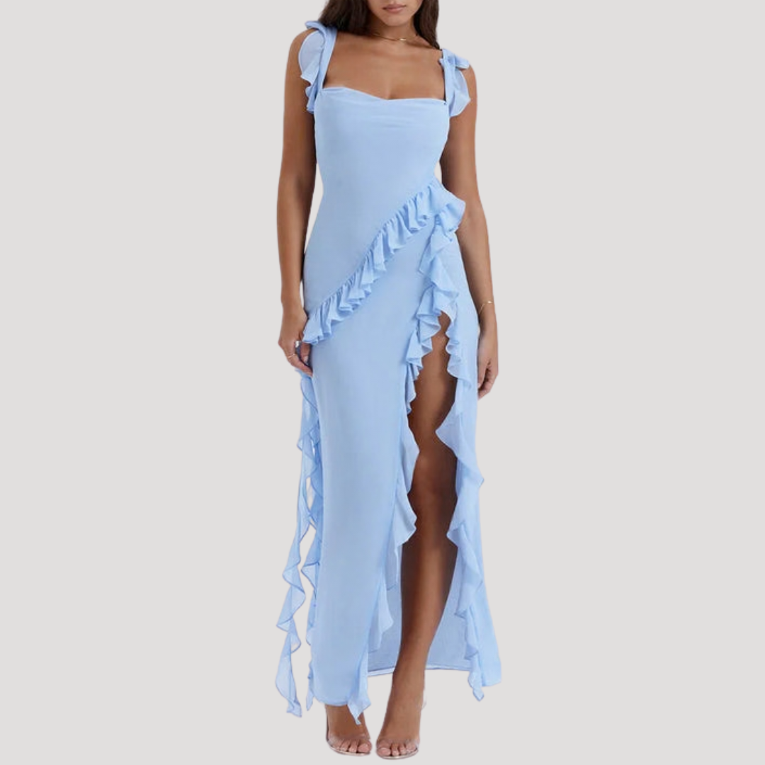 Ruffle Maxi Dress with High Slit for Elegant Evenings