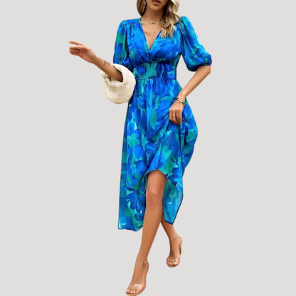 Flowy Printed Puff Sleeve Midi Dress