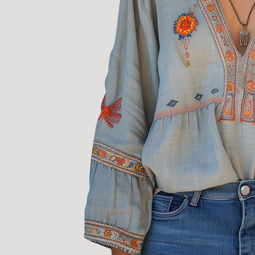 Women's Boho Floral Embroidered V-Neck Blouse