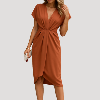 Draped Waist Tulip Midi Dress with V-Neck