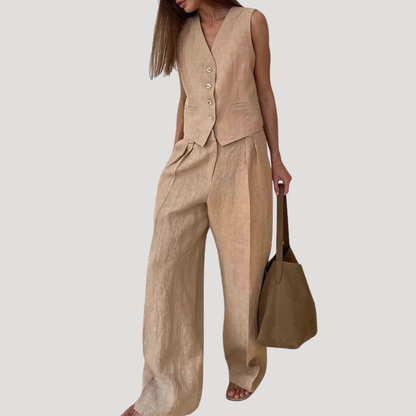 Women's Linen Blend Waistcoat Co-ord – Tailored 2 Piece Wide Leg Trouser Set